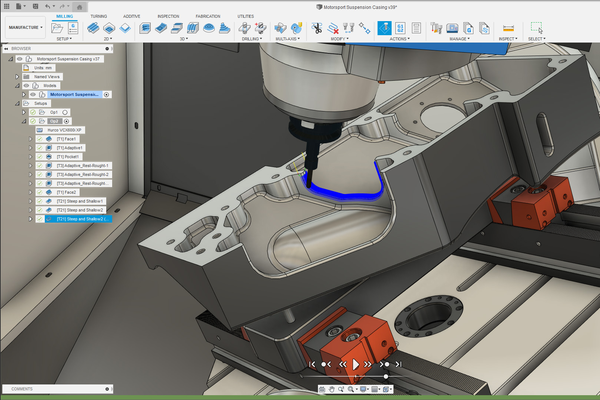 Fusion 360 CAD/CAM software interface with parametric modeling and simulation tools