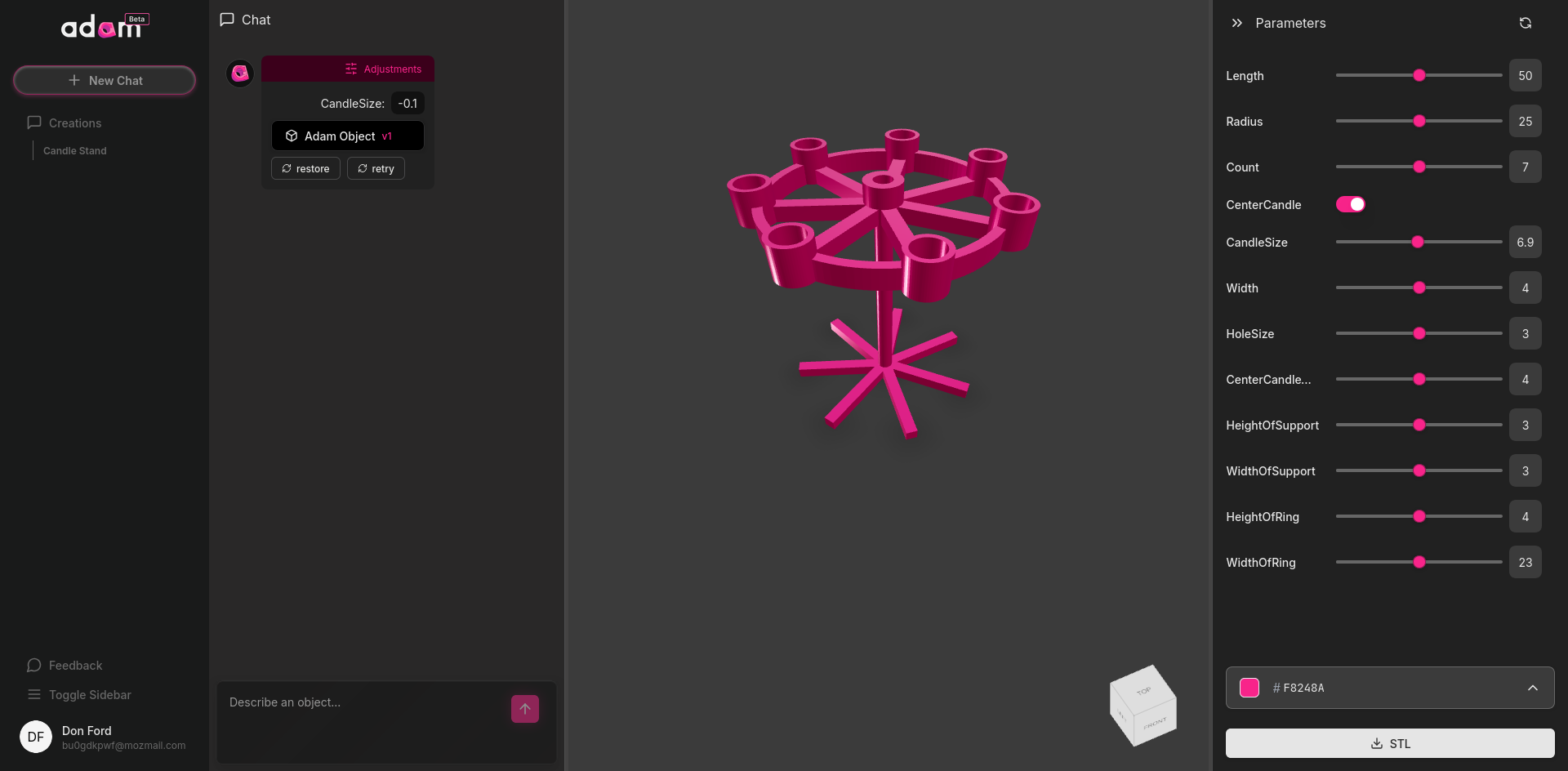 AdamCAD interface showing parametric 3D model generated from text prompt