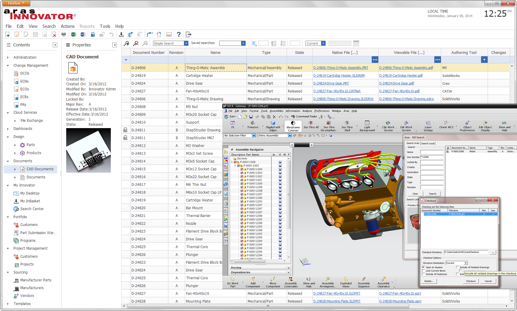 Screenshot featuring the Aras Innovator PLM platform's user interface, showcasing its customizable, low-code capabilities for enterprise product lifecycle management.