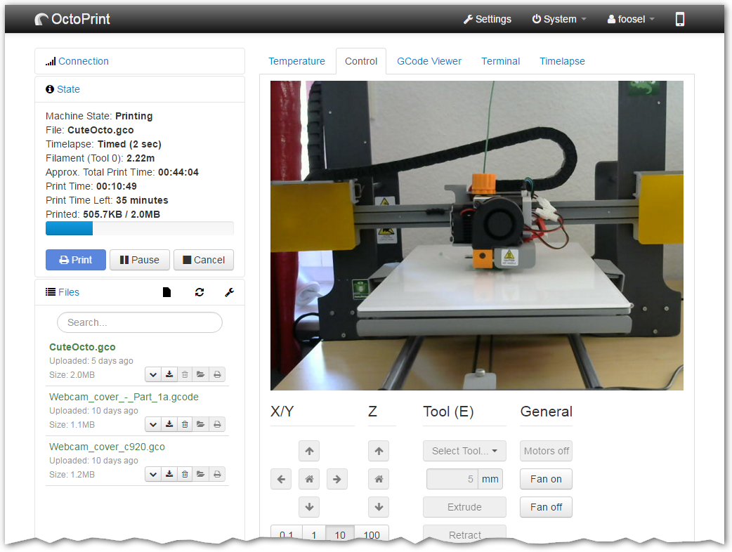 OctoPrint Software Interface