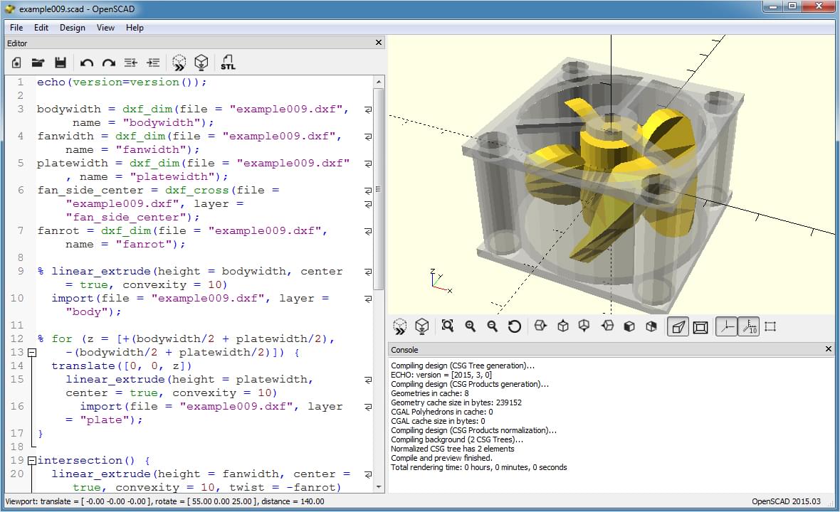OpenSCAD script-based 3D CAD software interface showing code and resulting model